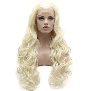 NEW Lushy Wavy Long Light Blonde White Mix Wig Half Hand Tied Heat Resistan